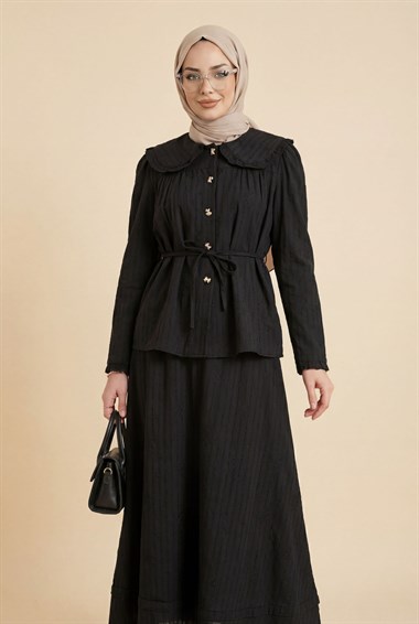 Bebe Yaka Bağcıklı Düğmeli Etekli Astarlı Keten Takım  -Siyah