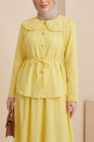 Bebe Yaka Bağcıklı Düğmeli Etekli Astarlı Keten Takım  -Sarı