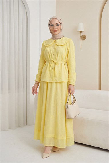 Bebe Yaka Bağcıklı Düğmeli Etekli Astarlı Keten Takım  -Sarı