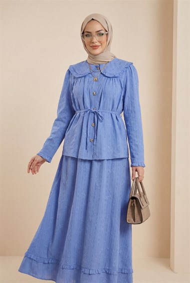 Bebe Yaka Bağcıklı Düğmeli Etekli Astarlı Keten Takım  -Mavi