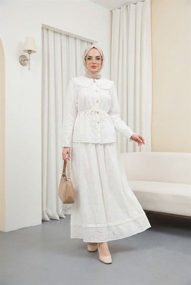 Bebe Yaka Bağcıklı Düğmeli Etekli Astarlı Keten Takım  -Beyaz