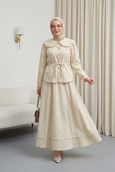 Bebe Yaka Bağcıklı Düğmeli Etekli Astarlı Keten Takım  -Bej