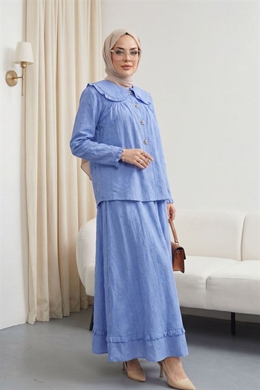 Bebe Yaka Bağcıklı Düğmeli Etekli Astarlı Keten Takım  -Mavi