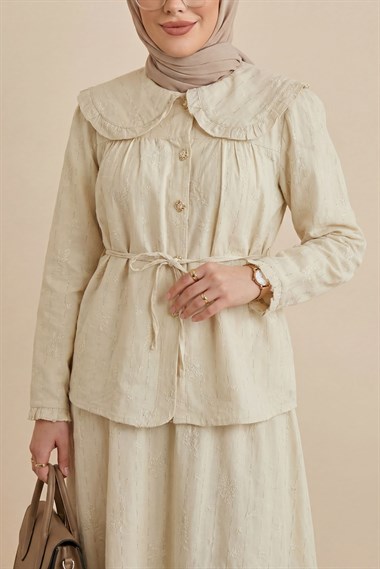 Bebe Yaka Bağcıklı Düğmeli Etekli Astarlı Keten Takım  -Bej