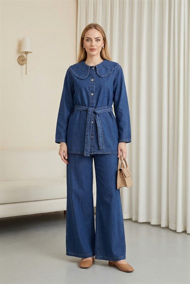 Bebe Yaka Beli Kemerli Önü Düğmeli Pantolonlu Kot Takım  -İndigo