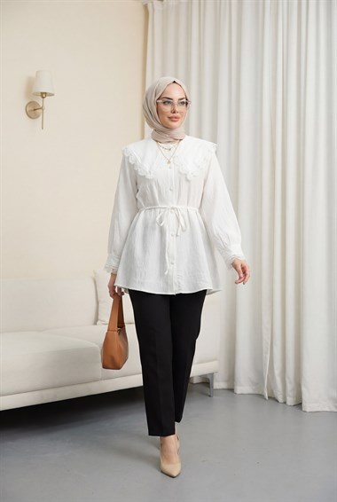 Bebe Yaka Fistolu Beli Bağcıklı Modal Tunik  -Ekru