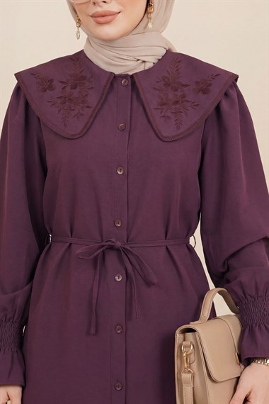 Bebe Yaka Nakışlı Beli Bağlamalı Poplin Gömlek -Mürdüm