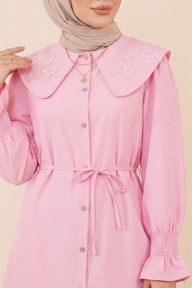 Bebe Yaka Nakışlı Beli Bağlamalı Poplin Gömlek -Pembe