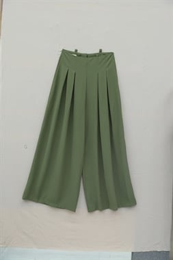 Beli Bağcıklı Pliseli Bol Paça İthal Krep Pantolon -Haki