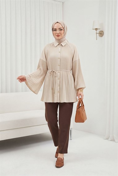 Beli Bağlamalı Taşlı Düğmeli Pliseli Poplin Tunik -Bej