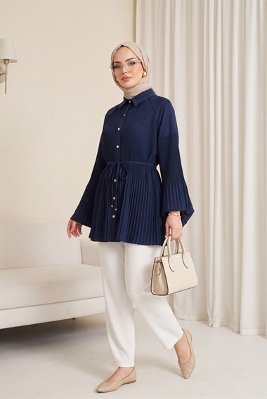 Beli Bağlamalı Taşlı Düğmeli Pliseli Poplin Tunik -Lacivert