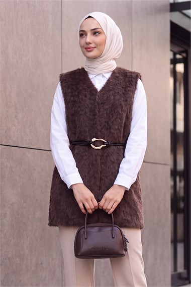 Beli Kemerli Sakallı Yelek  -Koyu Kahverengi