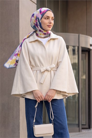 Beli Kemerli Tek Düğmeli Kaşe Panço -Krem
