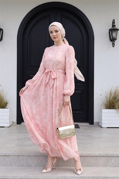 Beli Kuşaklı Balon Kol Astarlı Tül Vual Elbise -Pembe
