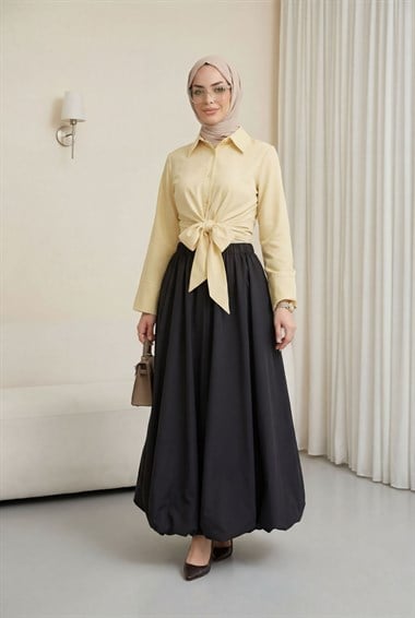 Beli Lastikli Astarlı Poplin Balon Etek -Siyah