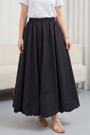 Beli Lastikli Astarlı Poplin Balon Etek -Siyah