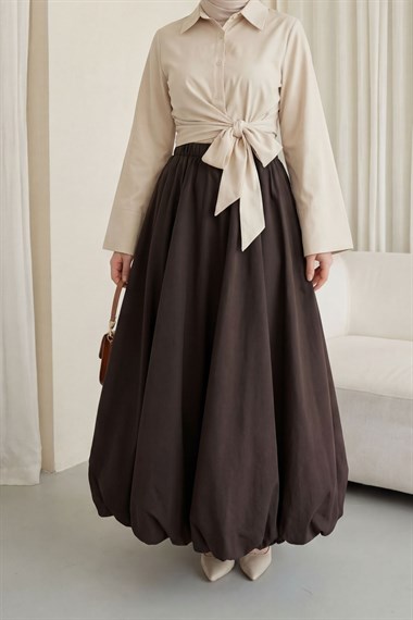 Beli Lastikli Astarlı Poplin Balon Etek -Kahve
