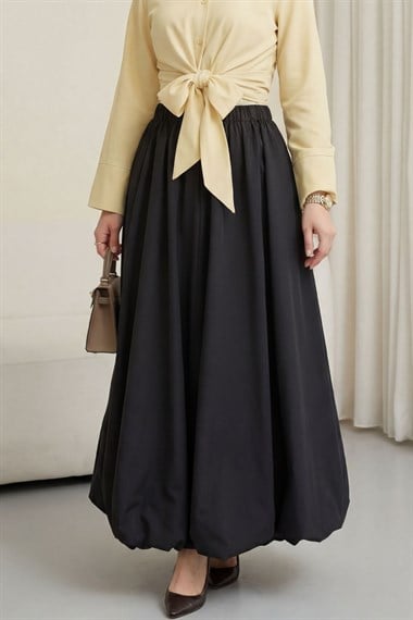 Beli Lastikli Astarlı Poplin Balon Etek -Siyah
