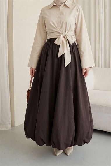 Beli Lastikli Astarlı Poplin Balon Etek -Kahve