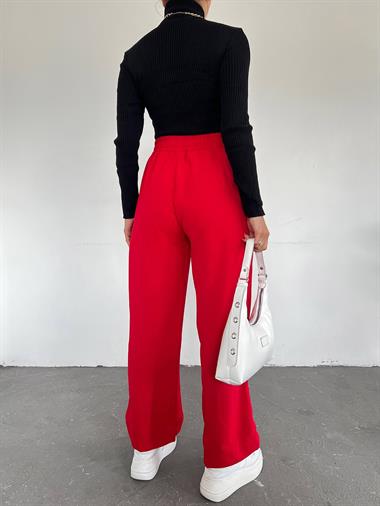 بنطلون أيروبين بخصر مطاطي وتفاصيل أربطة - أحمر