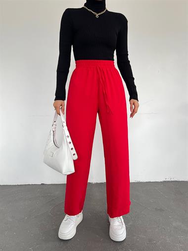 بنطلون أيروبين بخصر مطاطي وتفاصيل أربطة - أحمر