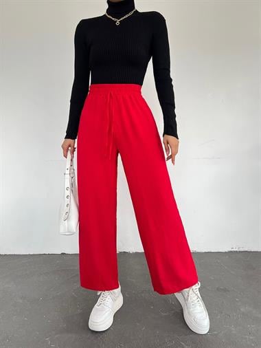 بنطلون أيروبين بخصر مطاطي وتفاصيل أربطة - أحمر