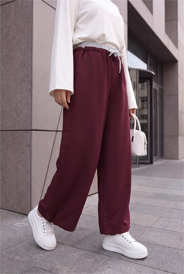 Beli Lastikli Bağcık Detaylı Geniş Paça Cupra Pantolon  -Mürdüm