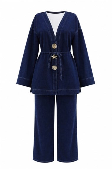 Beli Lastikli Bol Paça Pantolonlu Bağcıklı Kot Kimono Takım -Koyu Mavi