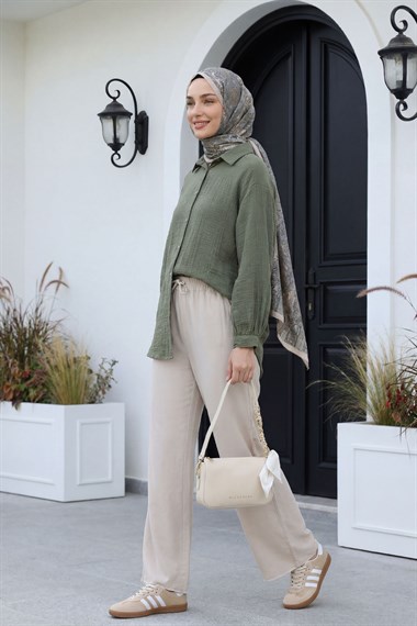 Beli Lastikli Çİft Cepli Bol Paça Tensel Pantolon -Bej