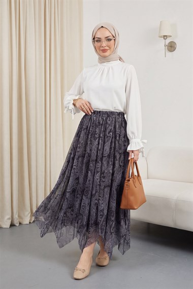 Beli Lastikli Desenli Astarlı Şifon Etek  -Gri