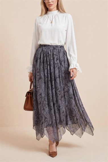Beli Lastikli Desenli Astarlı Şifon Etek  -Gri