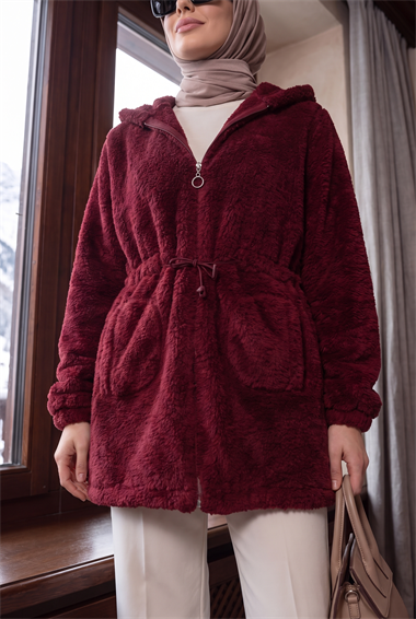 Beli Lastikli Kapşonlu Fermuarlı Peluş Mont    -Bordo
