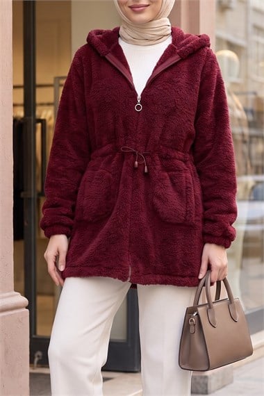 Beli Lastikli Kapşonlu Fermuarlı Peluş Mont    -Bordo