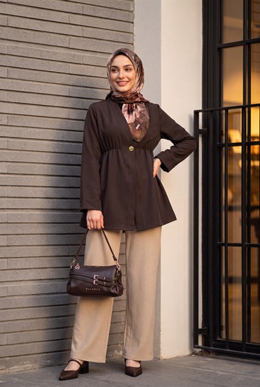 Beli Lastikli Kolu Katlamalı Tek Düğmeli Krep Kimono -Koyu Kahverengi