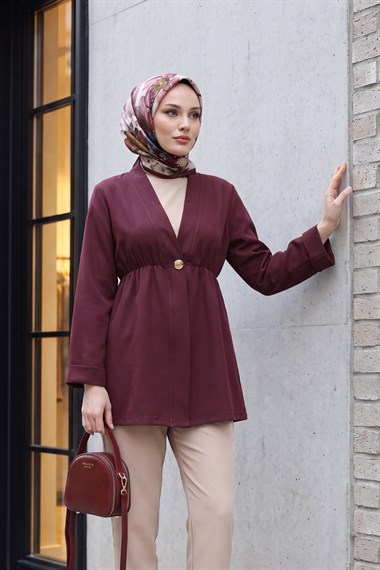 Beli Lastikli Kolu Katlamalı Tek Düğmeli Krep Kimono -Mürdüm