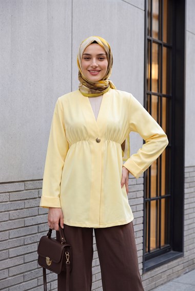 Beli Lastikli Kolu Katlamalı Tek Düğmeli Krep Kimono -Sarı