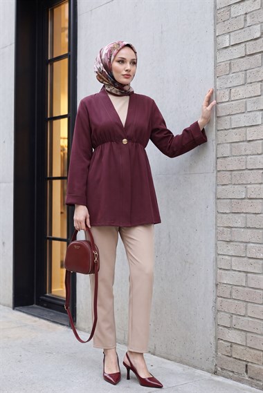 Beli Lastikli Kolu Katlamalı Tek Düğmeli Krep Kimono -Mürdüm