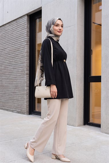Beli Lastikli Kolu Katlamalı Tek Düğmeli Krep Kimono -Siyah