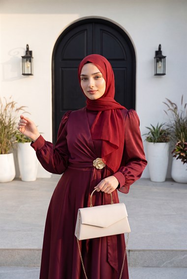 Beli Yandan Bağcıklı Tokalı Saten Abiye  -Bordo