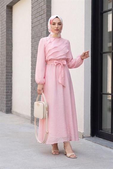 Beli lastikli kemerli önü katlı balon kol astarlı şifon elbise  -Pembe