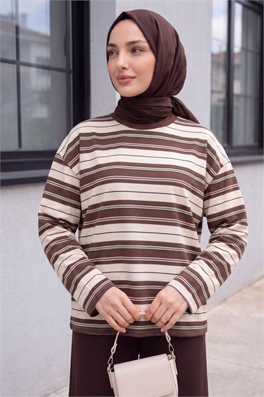 Bisiklet Yaka Çizgili Düşük Omuz Penye Sweat -Kahverengi