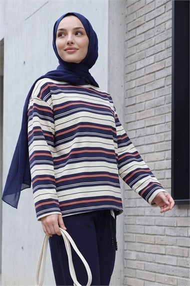 Bisiklet Yaka Çizgili Düşük Omuz Penye Sweat -Lacivert
