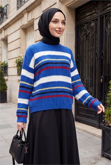 Womens Crew-Neck Striped Heavyweight Knit Sweater - Royal Blue