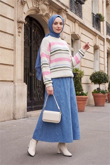 Womens Crew-Neck Striped Heavyweight Knit Sweater - Pink