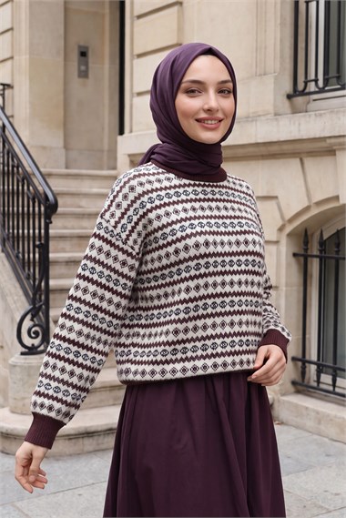 Bisiklet Yaka Desenli Jakarlı Triko Kazak -Mürdüm