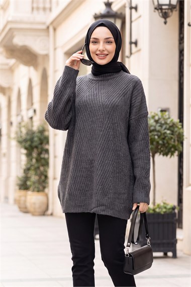 Bisiklet Yaka Desenli Salaş Triko Tunik -Füme
