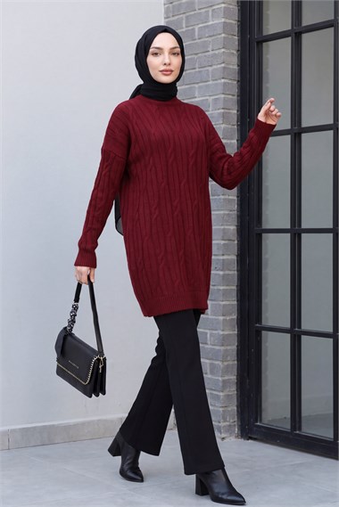 Bisiklet Yaka Desenli Triko Tunik  -Bordo