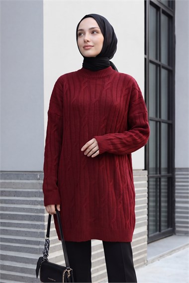 Bisiklet Yaka Desenli Triko Tunik  -Bordo
