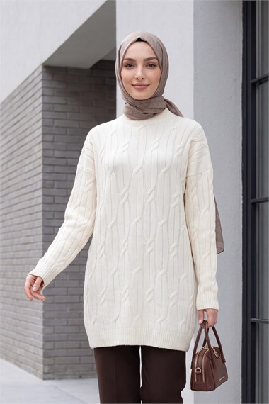 Bisiklet Yaka Desenli Triko Tunik  -Ekru