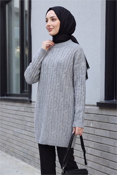 Bisiklet Yaka Desenli Triko Tunik  -Gri